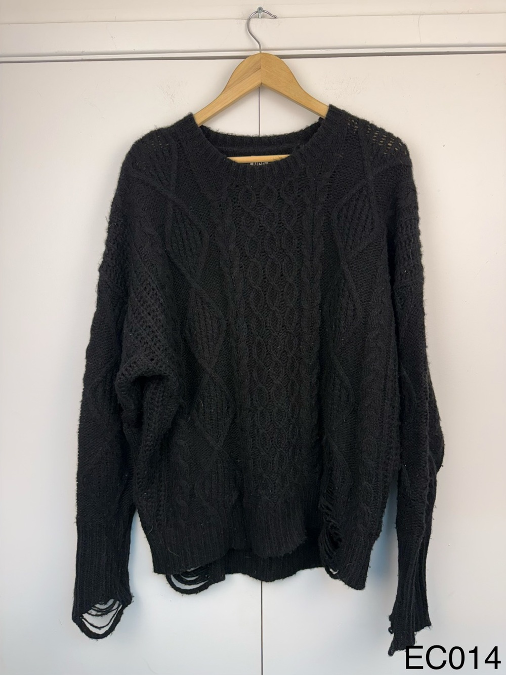 NSF Anabell Distressed Cable Knit Wool Sweater Black M